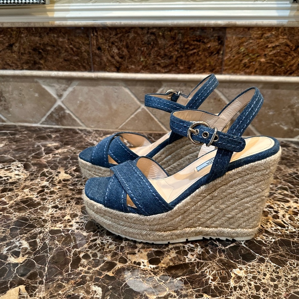 Denim Ankle Strap Wedge Sandals By Prada - Picture 7 of 8
